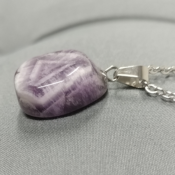 Chevron Purple Amethyst Necklace Natural Gemstone Pendant Stainless-Steel Chain - Picture 3 of 17